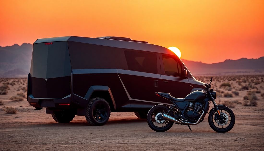 Discover the Thrill of Tesla Pickup RV (With Alloy Motorcycle) Metal Car Toys for Kids 1:24 - Black