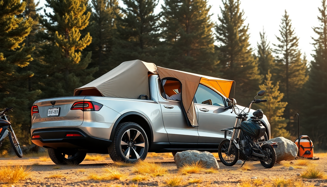 Discover the Tesla Camping Pickup (With Motorcycle) Metal Car Toy for Kids 1:24 - Silver