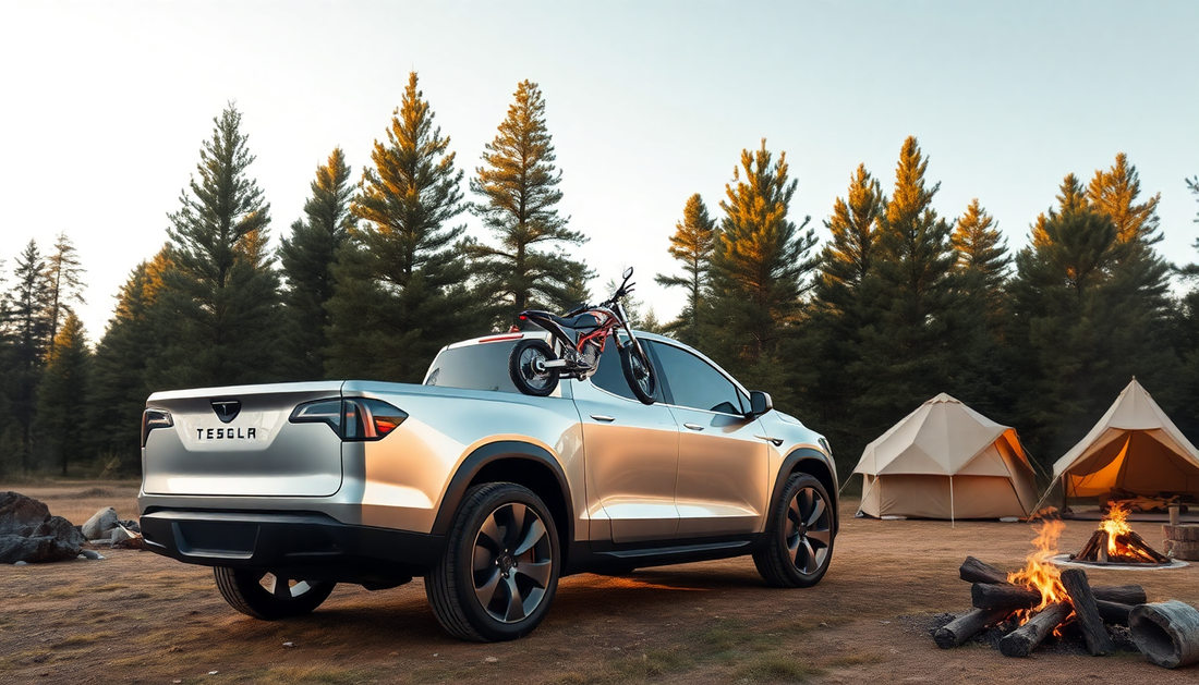 Discover the Thrilling Tesla Camping Pickup (With Motorcycle) Metal Car Toy for Kids