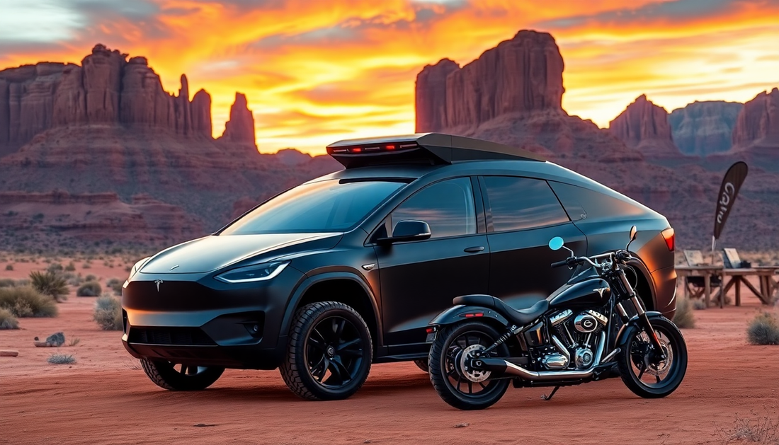 Discover the Thrill of Tesla Pickup RV (With Alloy Motorcycle) Metal Car Toys for Kids 1:24 - Black