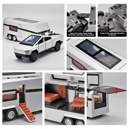 Tesla Pickup Rv (With Alloy Motorcycle) Metal Car Toys For Kids 1:24 - Silver