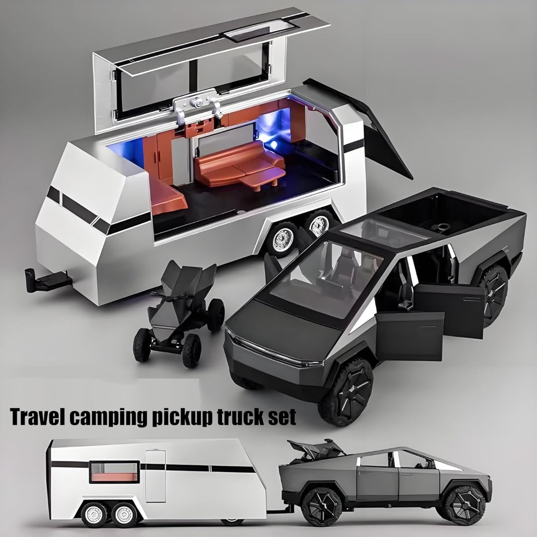 Tesla Pickup Rv (With Alloy Motorcycle) Metal Car Toys For Kids 1:24 - Black