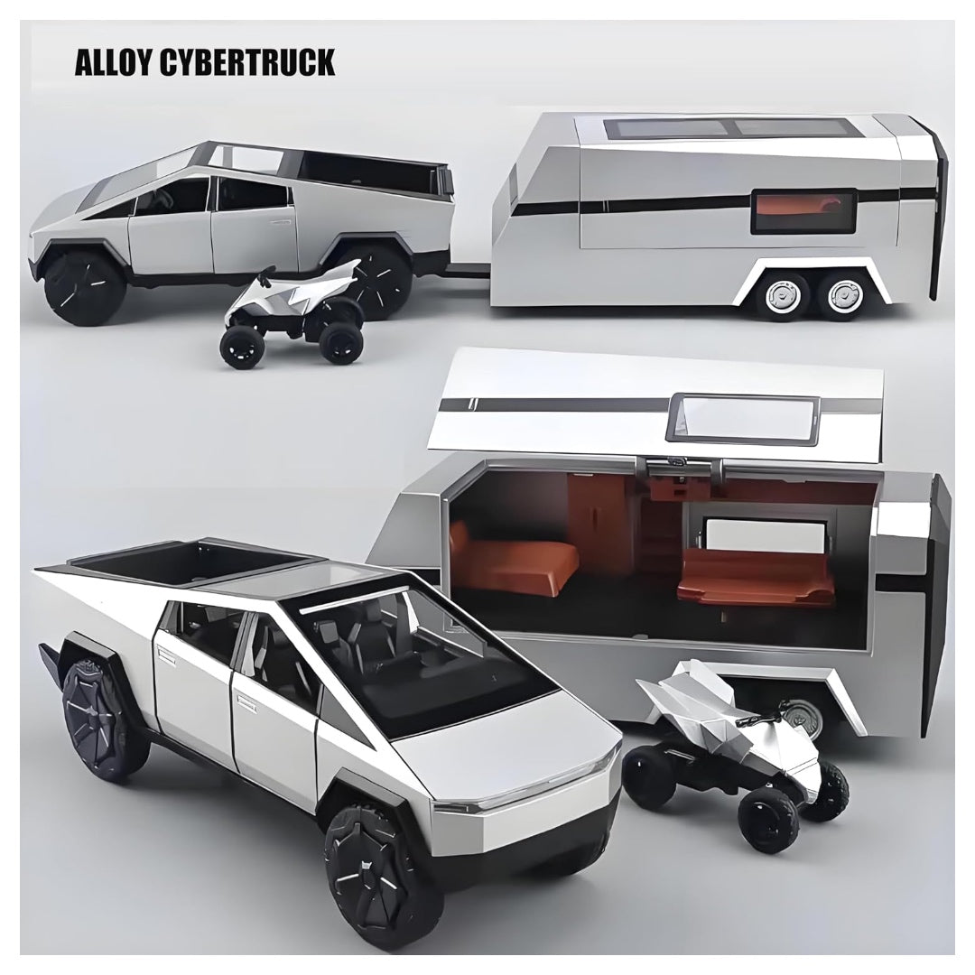 Tesla Pickup Rv (With Alloy Motorcycle) Metal Car Toys For Kids 1:24 - Silver