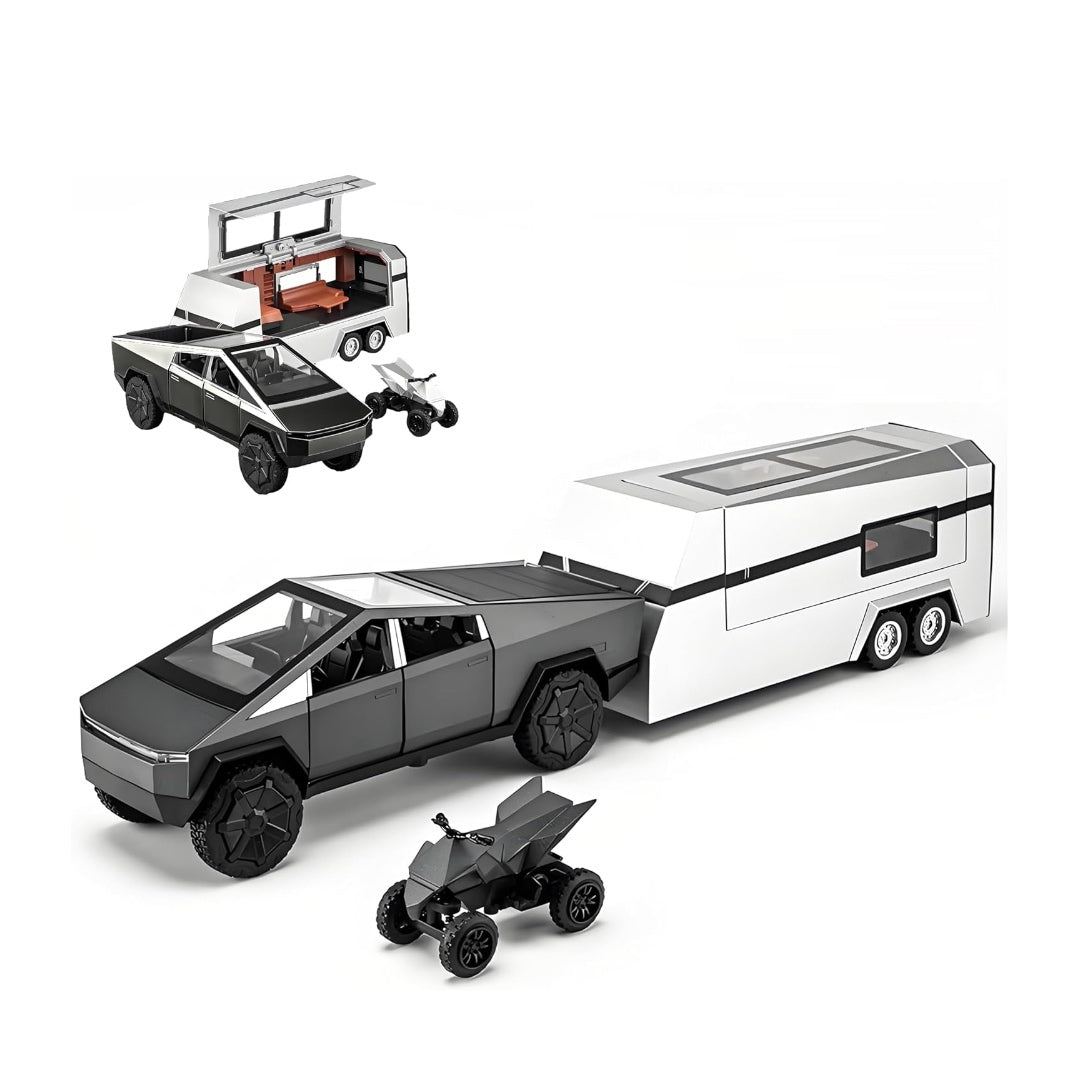 Tesla Pickup Rv (With Alloy Motorcycle) Metal Car Toys For Kids 1:24 - Black