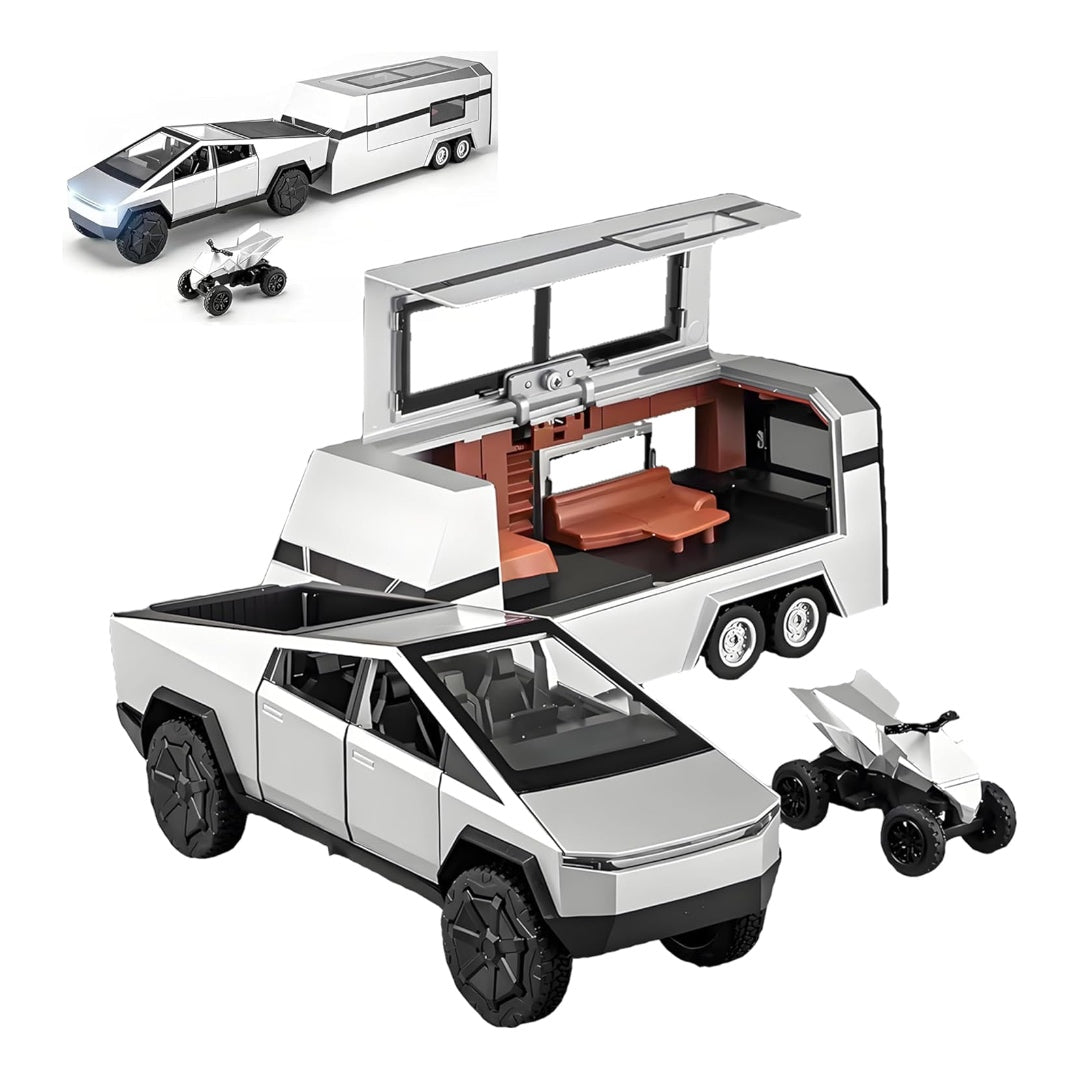 Tesla Pickup Rv (With Alloy Motorcycle) Metal Car Toys For Kids 1:24 - Silver