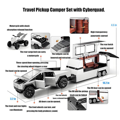 Tesla Pickup Rv (With Alloy Motorcycle) Metal Car Toys For Kids 1:24 - Silver