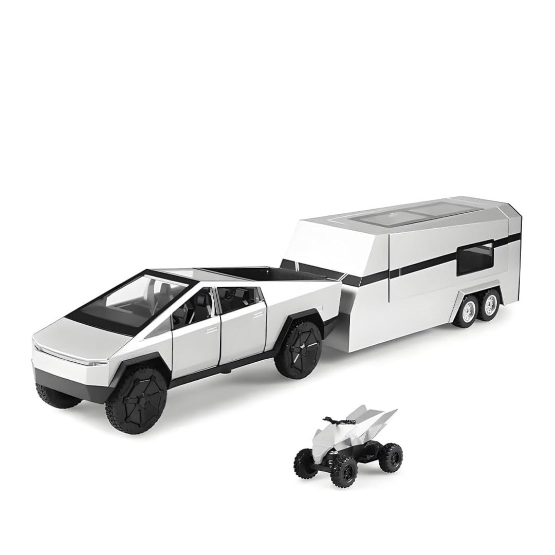 Tesla Pickup Rv (With Alloy Motorcycle) Metal Car Toys For Kids 1:24 - Silver