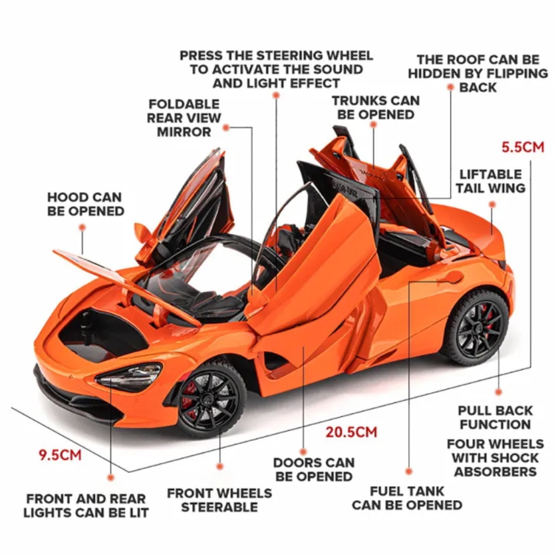 Mclaren 720S Convertible Metal Car Toys For Kids 1:24 - Orange