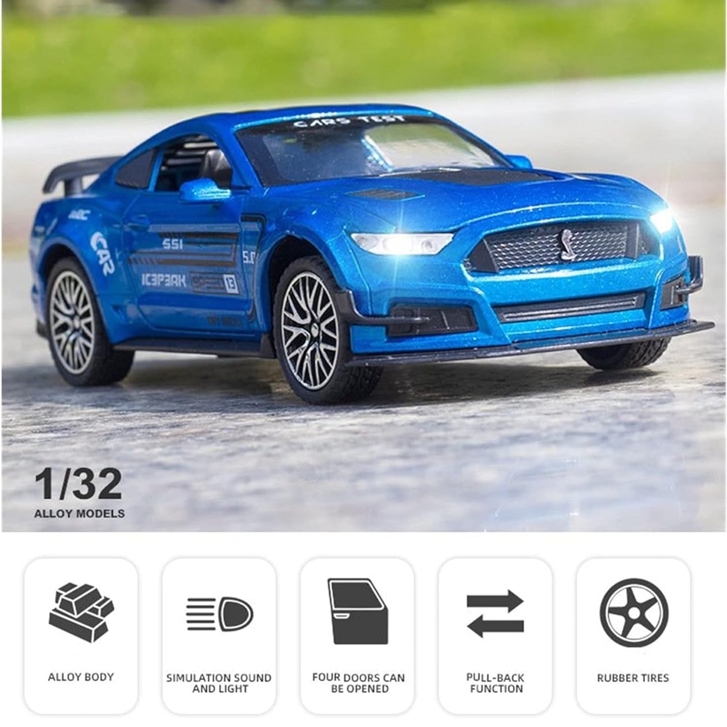 Ford Mustang Gt500 Metal Car Toys For Kids 1:32 - Blue