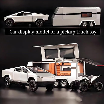 Tesla Pickup Rv (With Alloy Motorcycle) Metal Car Toys For Kids 1:24 - Silver