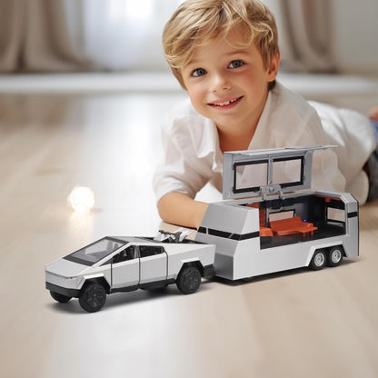 Tesla Pickup Rv (With Alloy Motorcycle) Metal Car Toys For Kids 1:24 - Silver