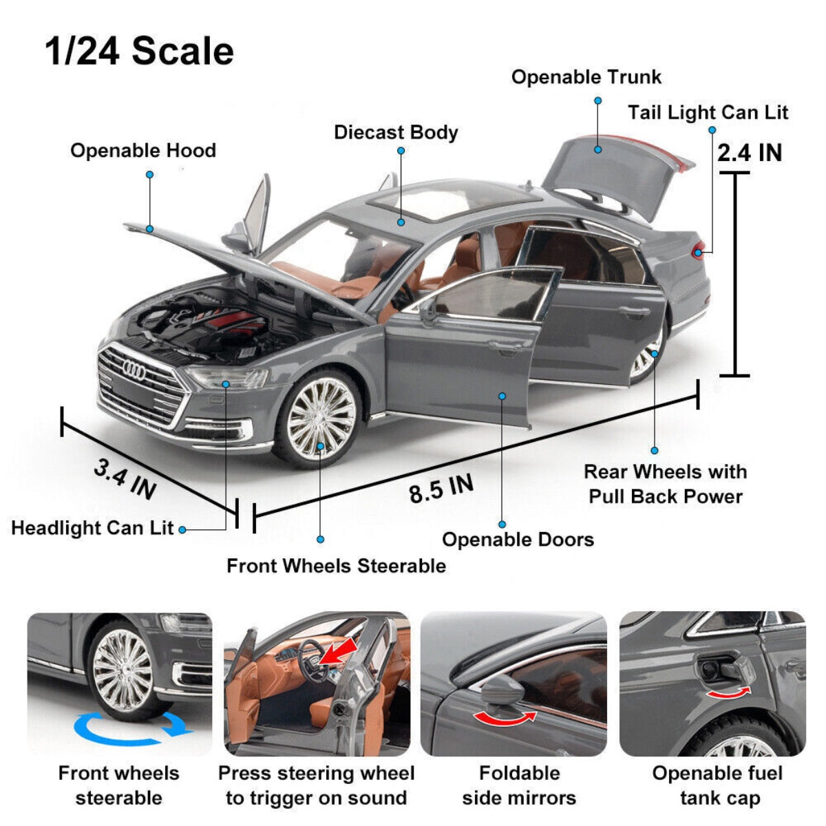 Audi A8 Metal Car Toys For Kids 1:24 - Silver