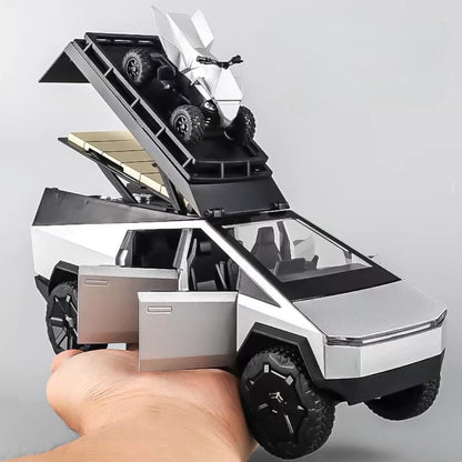 Tesla Camping Pickup (With Motorcycle) Metal Car Toys For Kids 1:24 - Silver