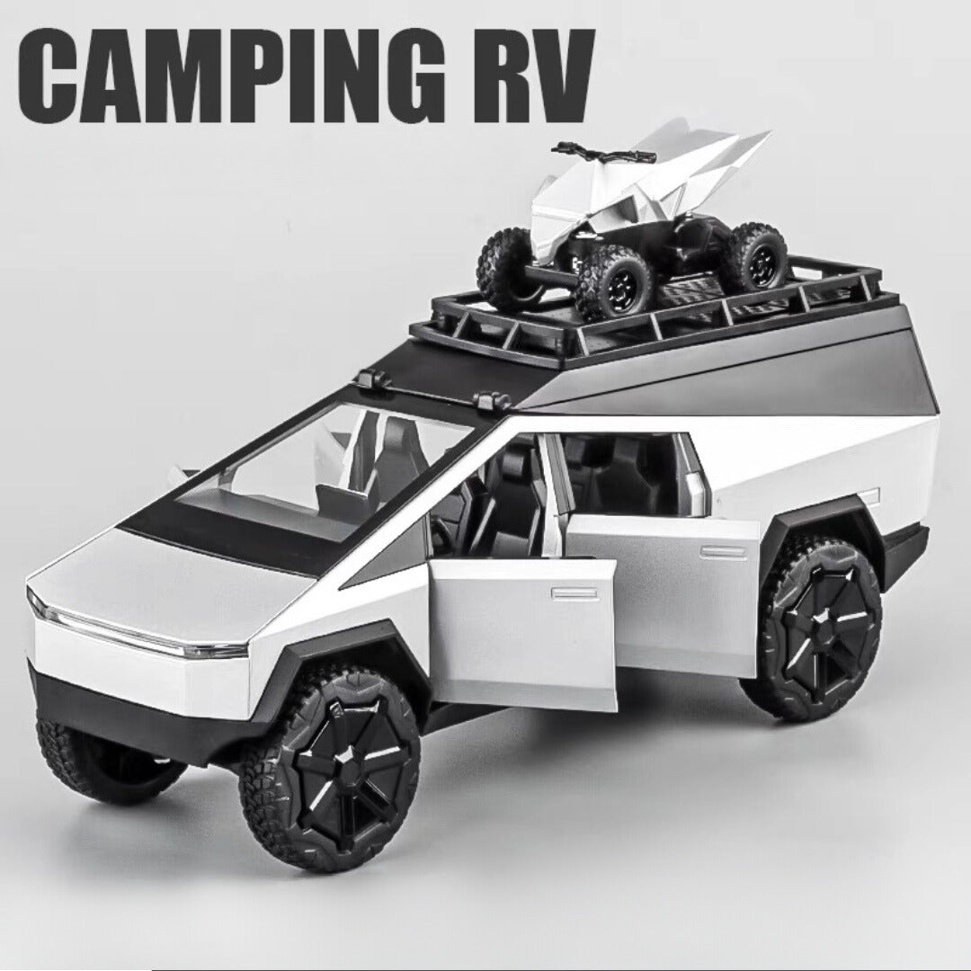 Tesla Camping Pickup (With Motorcycle) Metal Car Toys For Kids 1:24 - Silver