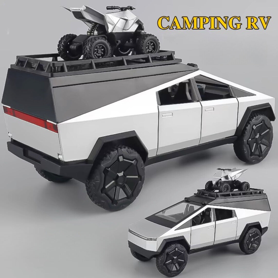 Tesla Camping Pickup (With Motorcycle) Metal Car Toys For Kids 1:24 - Silver