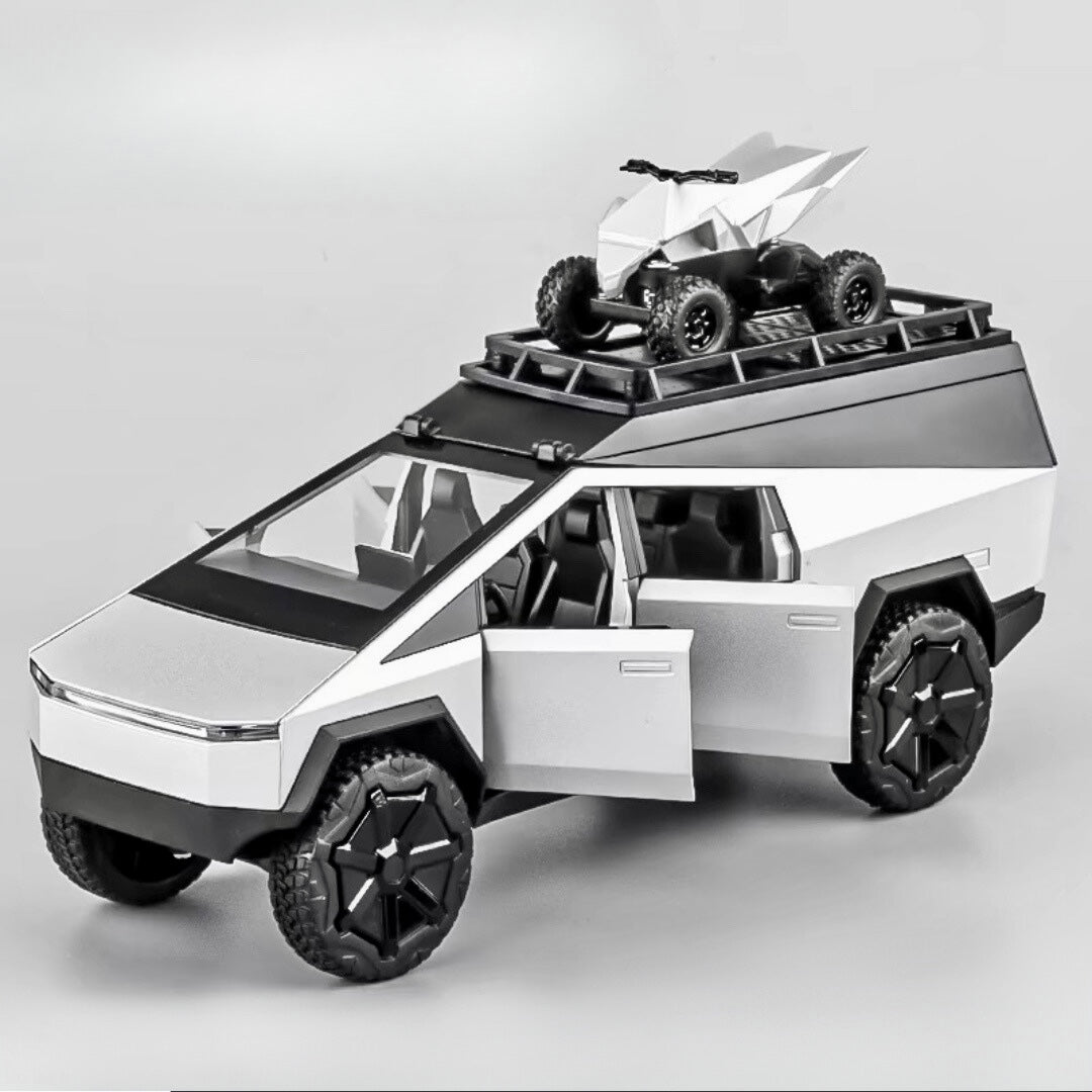 Tesla Camping Pickup (With Motorcycle) Metal Car Toys For Kids 1:24 - Silver