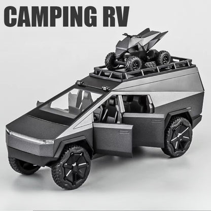 Tesla Camping Pickup (With Motorcycle) Metal Car Toys For Kids 1:24 - Black