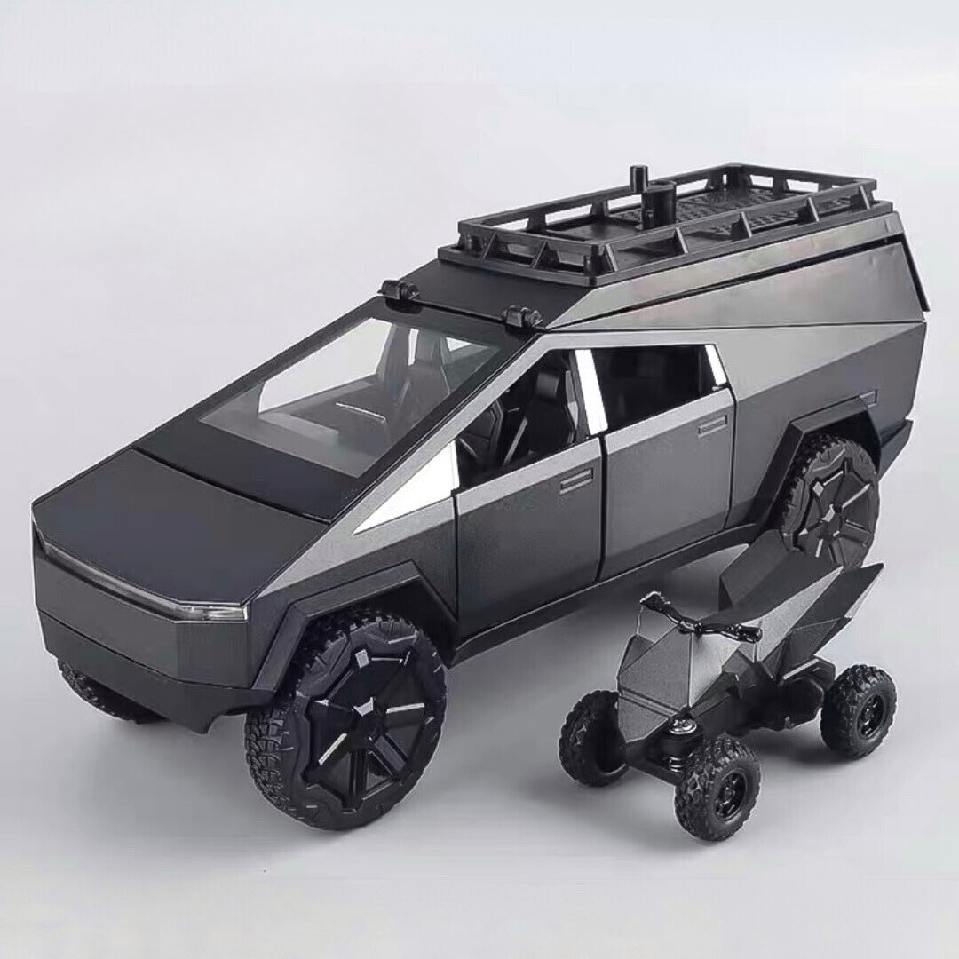 Tesla Camping Pickup (With Motorcycle) Metal Car Toys For Kids 1:24 - Black